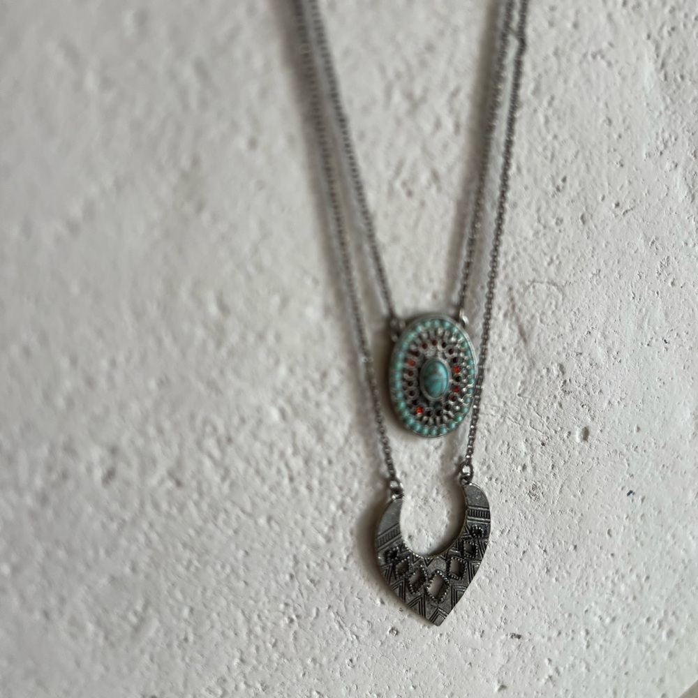 LUCKY Boho Silver tone Necklace Double Strand Lobster Claw Layered - Picture 9 of 14
